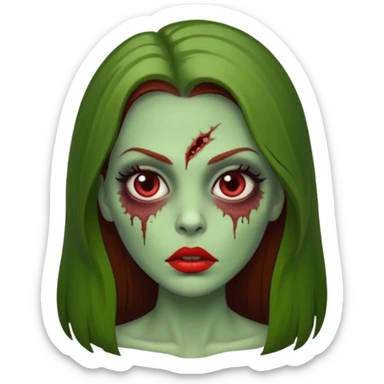 Zumbi feminino, de pele verde, cabelo longo liso e castanho. Labios vermelhos, rosto oval e cilios grandes sticker