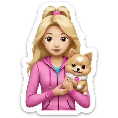 An Asian lady with long, blonde balayage hair, blonde highlights, wearing a pink gym outfit, holding a Pomeranian sticker