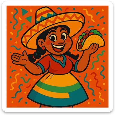 Make the Mexican woman appear more ugly by exaggerating unattractive features, while keeping the sombrero and taco, in vibrant toon style. sticker