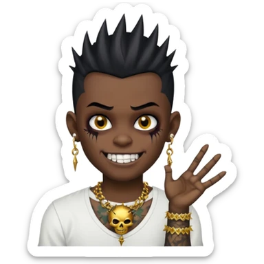 zombie boy with spiky emo black hair and white shirt , tattos, a risk on the eyebrow, earings,  a necklace emoji, with gold grills in his mouth and he’s smiling, change skin color to darkskin sticker