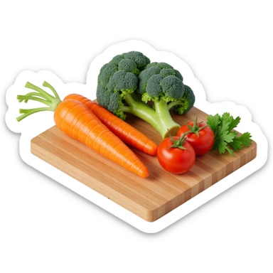 carrot tomato brocoli on the wooden cutting board with floating list  sticker