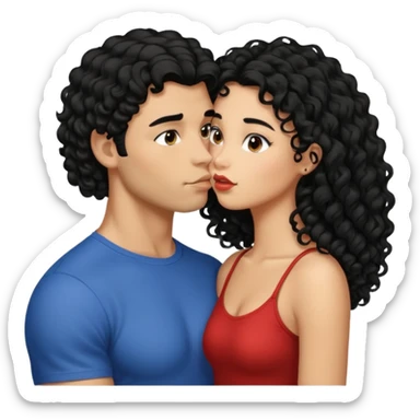 a strong man with straight short black hair kissing a shorter girl with long black curly hair sticker