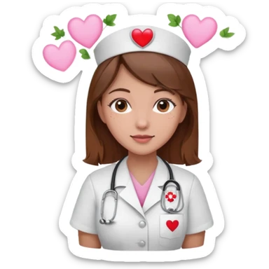 Brown hair Nurse with pink heart and flowers surround her in a random pattern sticker