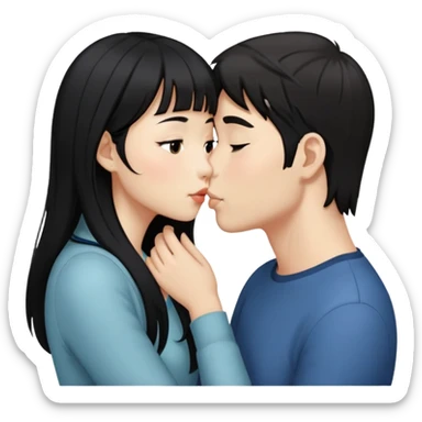 Asian girl with long black hair and side swept bangs, kissing a white guy with dark brown hair that’s short sticker