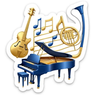 Create an elegant and artistic emoji that represents music arrangement and orchestration. The design should feature musical notes, a set of piano keys, a drum set, and an electric guitar to symbolize the diverse elements of orchestration and arrangement. Include a conductor's baton to emphasize the role of a conductor in bringing all the instruments together. Use a mix of rich colors like gold, silver, and deep blue for sophistication, and add flowing lines to represent the harmony between different instruments. The background should be transparent. sticker