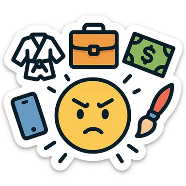 Yellow emoji with karate dogs, a briefcase, money, a phone and a paintbrush flying in its aura sticker