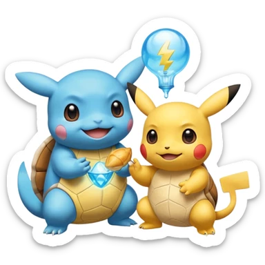  Pikachu has a light to share, but Squirtle has none. Pikachu sees this is unfair, so he shares the light with Squirtle. They smile and eat together. Show this as a cute Pokémon emoji scene about justice and fairness.

 sticker