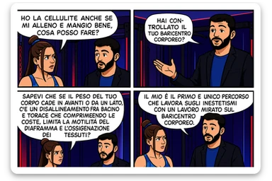 TRASFORMA QUESTO CAROSELLO IN UN FUMETTO CON QUESTE DUE PERSONE IDENTICHE CHE INTERLOQUISCONO TRA LORO:

LEI: Ho la cellulite anche se mi alleno e mangio bene, cosa posso fare?

LUI: Hai controllato il tuo baricentro corporeo?
Sapevi che se il peso del tuo corpo cade in avanti o da un lato, c’è un disallineamento fra bacino e torace, che comprimendo le coste, limita la motilità del diaframma e l’ossigenazione dei tessuti?
Il mio è il primo e unico percorso che lavora sugli inestetismi con un lavoro mirato sul baricentro corporeo. sticker