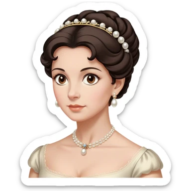 middle age lady with dark brown hair, styled in an elegant Regency-era updo, Soft brown eyes, kind but firm gaze, Wears delicate pearl earrings, sticker