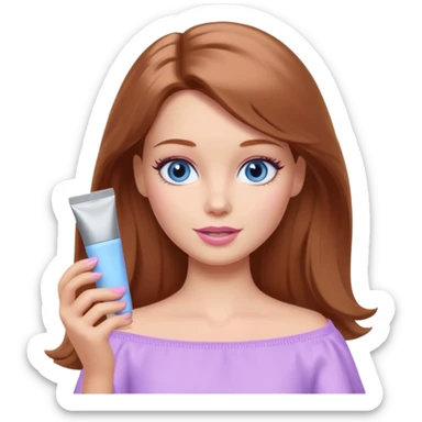 Barbie girl Chestnut Shoulder-length hair and blue eyes is In pale purple applying cream on face sticker