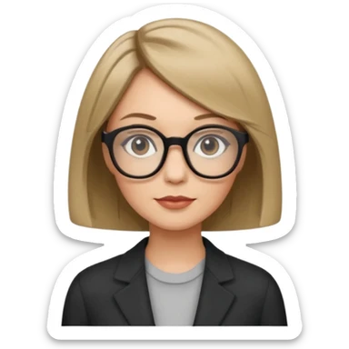 woman dark blonde petite bob haircut wears dark squarish glasses, classic clothes sticker