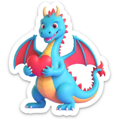 3D style dragon holding a heart, friendly and charming sticker