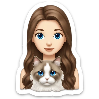 white girl brown hair girl with blue eyes with a brown and white seal fluffy ragdoll cat  sticker