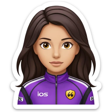 brunette long hair woman with black racing outfit with purple strips sticker
