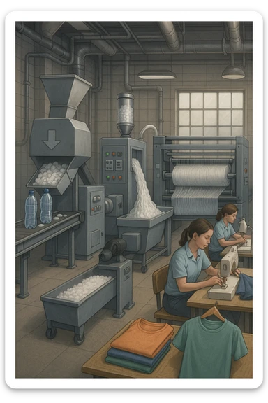 vertical realistic illustration in 2:3 aspect ratio of the PET bottle recycling process in a factory, showing visible steps from plastic to polyester fabric and finished clothes. Include industrial details, machinery, bottles, and garments. Professional atmosphere. sticker