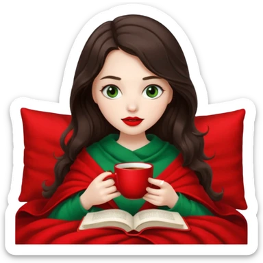 Long wavy dark brown haired, white skinned, dark green eyed girl with red lipstick wrapped in a red and white blanket, sipping tea and reading a book sticker