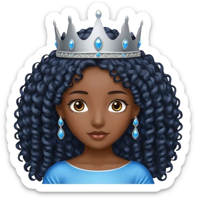 Por favor hazme el emoji de la princesa pero morena con el pelo negro y rizado y largo, los ojos marrones y la corona plateada con jollas azules sticker