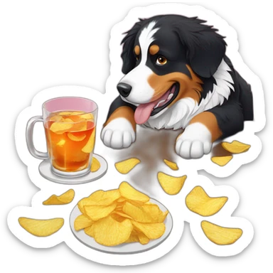 Bernese mountain dog drinnking aperitiv and eating chips sticker