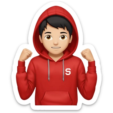 make me an emoji of an americain 19 yearold boy in a red hoodie that says "south" on it and give him with tan skin with his hands in his hands in his pocket wth a small smile flexing his muscles with his hood on sticker