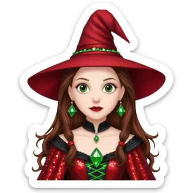 Nessarose, Wicked Witch of the East from The Wizard of Oz with long brown hair, red sequin outfit sticker