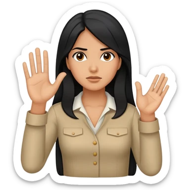 Hispanic woman with long hair, determined, one hand out motioning to stop sticker