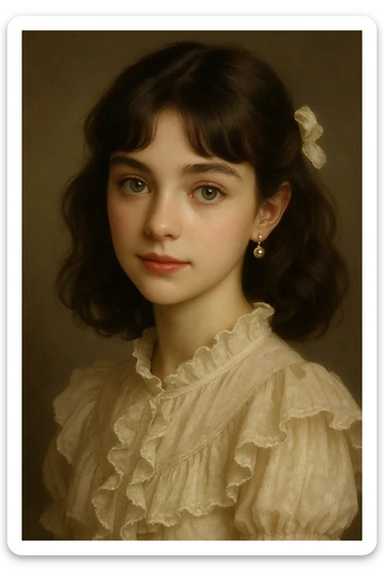 coquette girl with midi dark brown slightly wavy hair, bright skin, greenish hazel eyes, small cute lips, wearing a frilly blouse and pearl earrings sticker