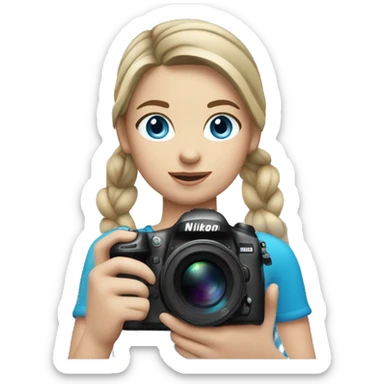 Girl with dark blonde loose ponytail and BLUE eyes Holding a Nikon Camera in her hands sticker
