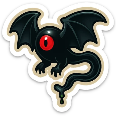 an all black reptilian bat-like creature. One cyclopian red eye in its face. no visible mouth or ears. 2 hind legs with claws. has a long tale with a stinger that drips green poison. no ears. no horns sticker