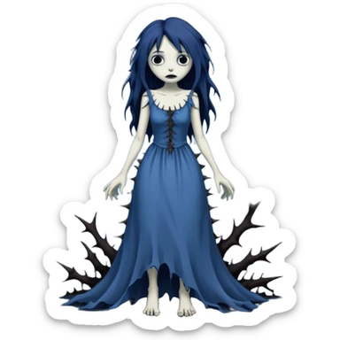 Gloomy ghostly fair lady with long ragged torn tattered dress, thorns across arms and legs, depressed face, ghoul-like gloomy dark greyish dull-colored deep-blue dark-black swampy monsterous lady woman (full body) sticker