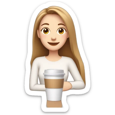 woman with pale skin and brown long thin straight hair wearing a white woolly shirt drinking coffee from a light pink takeaway cup eyes closed but smiling sticker