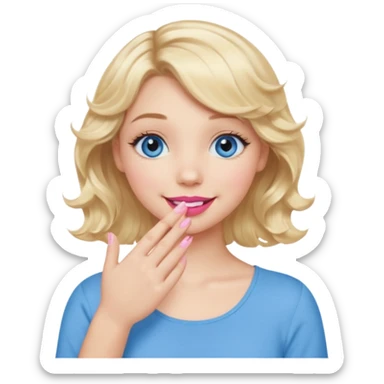Girl Blonde short wavy hair,  blue eyes, cute blue top, long lashes, pink lips, smiling, hand covering the mouth sticker