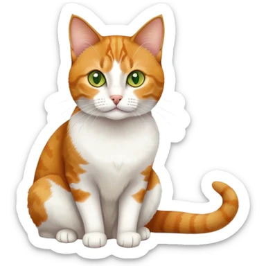 A mix breed cat (domestic shorthair and Arabian mau) sitting, with white fur, three ginger spots on its back, a ginger tail, and yellow-green eyes sticker