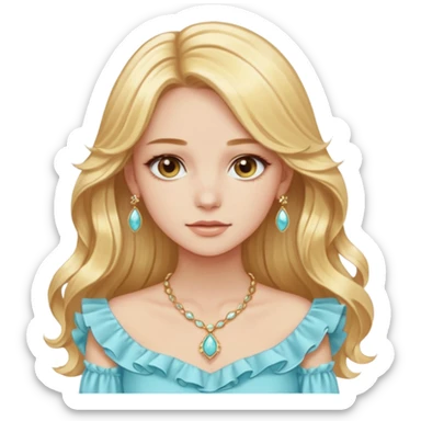 girl with long styled straight-wavy light golden-yellow blonde hair, light hazel eyes, pale peach skin, wearing a fancy ruffled light pastel aqua-blue top and expensive light golden jewelry sticker