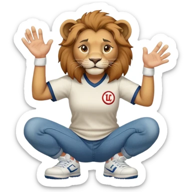 friendly anthropomorphised female lion wearing a baseball shirt, jeans, and trainers, in a squat position, empty hands sticker