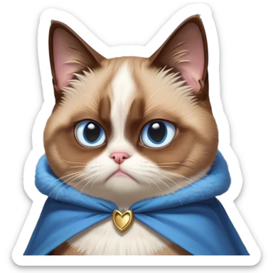 Cinematic Meme-Worthy Grumpy Brown Mantle Snowshoe Cat Portrait Emoji, Head held high but eyes filled with dramatic disappointment, soft brown fur draped like a cape, white paws planted firmly in defiance, signature grumpy cat frown perfectly etched on its face, icy-blue eyes radiating pure disapproval, Simplified yet hilariously over-exaggerated features, highly detailed, glowing with an aura of supreme annoyance, high shine, exhausted yet judgmental, stylized with an almost regal pettiness, bright but brooding, soft glowing outline, capturing the essence of a feline that has seen it all and is thoroughly unimpressed, so meme-worthy it feels like it could instantly become the next viral sensation of grumpiness! sticker