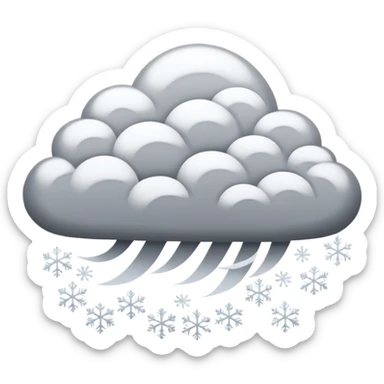 A powerful blizzard emoji icon: storm cloud with heavy swirling snow, strong wind lines, flying snowflakes, dynamic motion. White and gray tones, bold but simple shapes. sticker