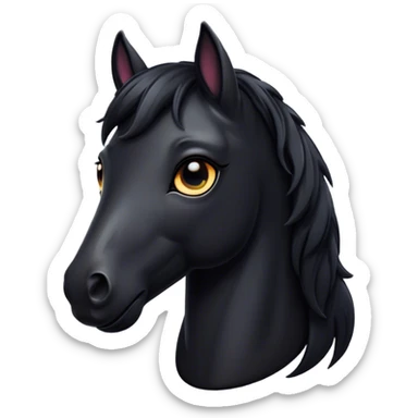 Cinematic Cute Black Horse Portrait Emoji, Head tilted playfully and inquisitively, showcasing a glossy black fur with a striking sheen and expressive dark eyes filled with curiosity, Simplified yet irresistibly adorable features, highly detailed, glowing with a warm, friendly glow, high shine, affectionate and spirited, stylized with a touch of whimsy, bright and endearing, soft glowing outline, capturing the essence of a mischievous yet loving horse, so playful it feels like it could trot out of the screen and into your arms! sticker