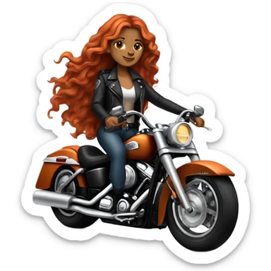 Very tan long red wavy hair riding her Harley Davidson motorcycle in her leather sticker
