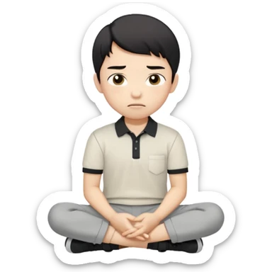 A cartoon young Asian boy with short black hair, light beige skin, and large expressive eyes, wearing a white polo shirt, gray pants, and black shoes. He sits cross-legged on the ground, one fist resting on his cheek, with a closed-mouth smirk. Clean lines, flat colors, solid black background. sticker