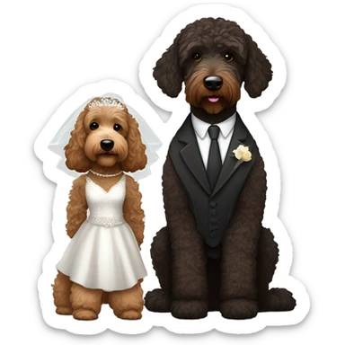 Black and brown bernadoodle in wedding dress and dark brown Australian labradoodle in suit sticker