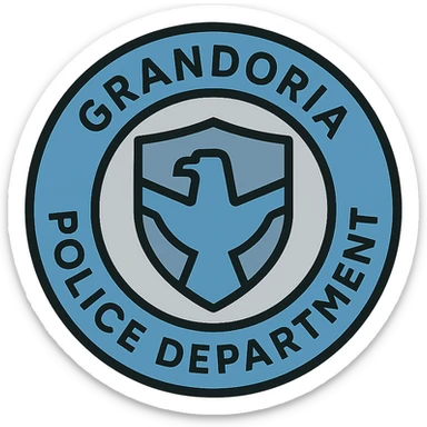 modern circular police logo for GRANDORİA POLİCE DEPARTMENT, minimalist design, blue and silver color palette, clean lines, subtle shield or eagle motif, sans-serif font, professional and contemporary look sticker