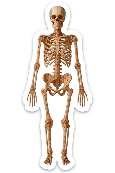 corpo umano anatomico di una donna affetta da fibromialgia, red spot sparsi sulle sue ossa, iperrealistica 4k sticker