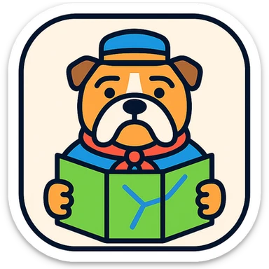 english bulldog tour guide as a web button icon holding a map, color outline style sticker