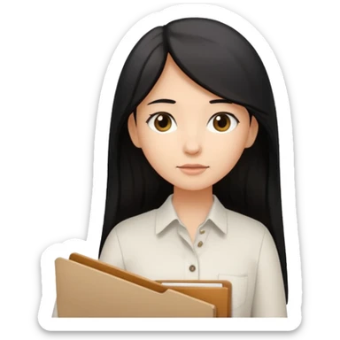 a light tan woman with long black hair past mid-back, round brown eyes, white button up shirt. holding manila folder sticker