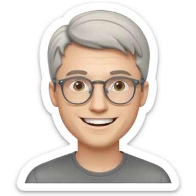 30 yr old pale white man, grey side swept hair, round glasses, big smile, white teeth, handsome, longer hair, thin glasses sticker