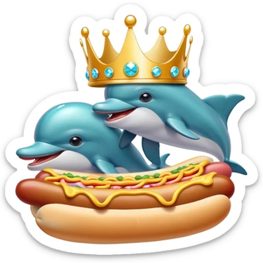 Dolphins wearing a sparkly crown eating hot dogs Japanese sticker