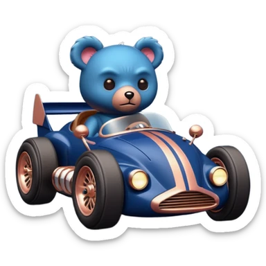 Real-proportioned dark blue and rosegold-accented  retro racing car driven by furry-faced small evil alien scary teddy bear with rear spoiler sticker