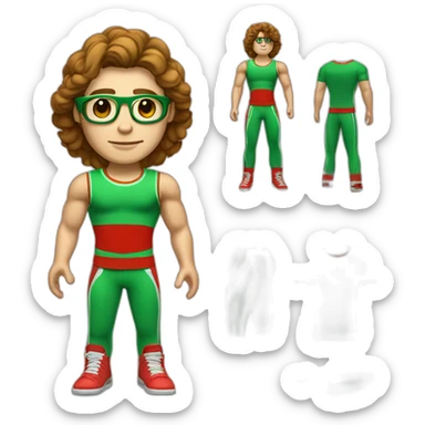 retro 70s red and green gym clothes for a modern white brunette uni male student with glass sticker