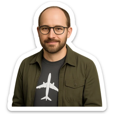 Edit the image to add a little more brown hair to the top with a slightly balding look, make the glasses smaller, keep the lifelike style, show a close trimmed beard, and emphasize an aviation geek theme. Remove the background entirely. sticker