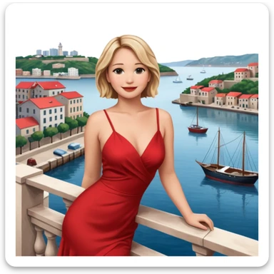 jennifer lawrence, red dress leaning on a balcony with a harbor and cityscape in the background, smiling sticker